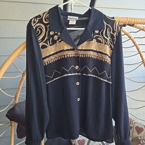 Vintage Thats Me! Black And Brown Patterned Buttoned Blouse Size 9/10